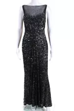 Tony Ward Womens Sequined Panel Sleeveless Long Gown Black Silver Tone Size 46