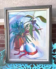 Original Signed Ann Templeton Oil Painting Floral Still Life Hat 27" x 33"