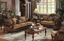 ON SALE - Traditional Living Room Brown Faux Leather & Chenille Sofa Set IGAN