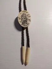 Vintage Scrimshaw Bolo Tie With Ship