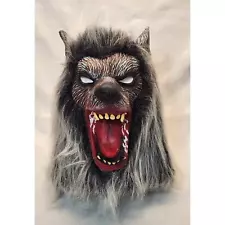 Adult Werewolf Rubber Mask Black Hair Fur Scary Halloween Fangs