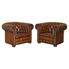 New ListingPAIR OF RESTORED CHESTERFIELD CLUB ARMCHAIRS WONDERFUL HAND DYED BROWN LEATHER
