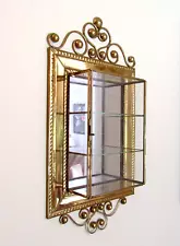 Vtg Glass & Brass Hanging Curio Cabinet Mirror Wall Display Case for Miniatures