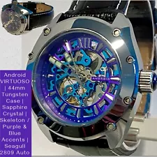 44mm Tungsten VIRTUOSO Purple/Blue Skeleton | Black Handmade Strap Android Watch