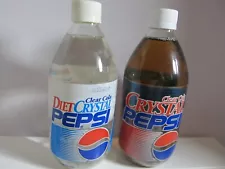 NOT FOR CONSUMPTION 1990's Clear Cola Crystal Pepsi Glass Bottle 16 oz. Full NOS