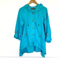 For Cynthia Coat Women’s Large Blue Linen Lightweight Hooded 3/4 Sleeve Pockets