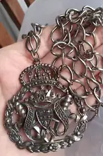 VINTAGE PENDANT NECKLACE SILVER CROWN SHIELD COAT OF ARMS MEDIEVAL RENAISSANCE