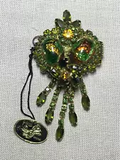 Juliana D E Brooch Green Amber Rhinestones Dangle Glass Cabochon Easter Egg Tag