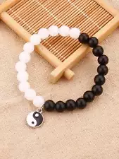 Yin & Yang Charm Black and White Beaded Bracelet for Women Men Stretchy