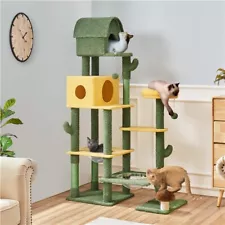 Multi Level Cat Climbing Tower, Cactus Cat Tree for Indoor Cat w/ Condo & Flower