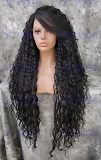 Extra Long Full Spiral Curls Heat Safe Lace Front Human Hair Blend Wig Off Black