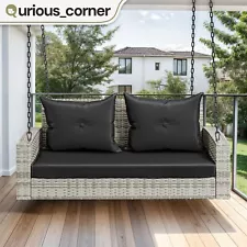 2 Person Hanging Chair Rattan Wicker Waterproof Steel Chain Black W/ Cushion