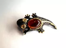 925 Sterling silver Amber lizard brooch black Rhodium plated Citrine gemstone