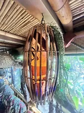 NEW Bamboo Lamp Frame W/ Tapa Wrap and Flame LED Light Tiki bar Decor Oceanic