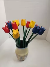 Wooden Tulips Long Stem Leaves Red Blue Yellow Handmade Spring Table Decor 13"