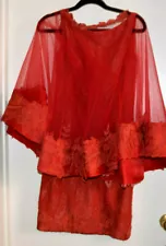 TONY WARD RED EMBROIDERED SLEEVELESS DRESS WITH WRAP/SKIRT SIZE 38 1119KO