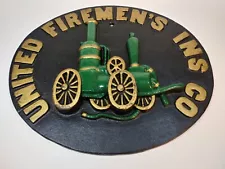 United Fireman’s Ins Co Cast Iron Plaque W/ Base Relief Of Antique Fire Truck