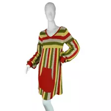 1970's Handknit Striped Dress with Big Kangaroo Front Pocket, Yellow, Green, Red