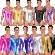 US Men's Metallic One-Piece Bodysuit Dancewear High Cut Thong Leotard Swimsuit