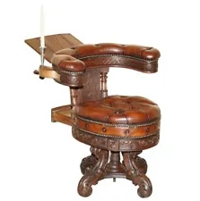 RARE IMPORTANT ANTIQUE 1830 CARVED COCKFIGHTING CHESTERFIELD BROWN LEATHER CHAIR