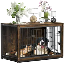 Large Dog Crate Wooden Kennel Heavy Duty Cage with Tray End Table Pet Furniture