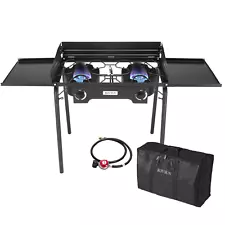 2 Burner Outdoor Camping Stove 150,000BTU Propane Gas Cooker Windscreen & Shelf