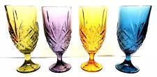 Embossed Multicolor Goblets Footed Drinking Glasses 12 oz Set of 4