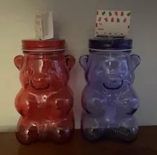 Gummy Bear DRINKING GLASS PAIR Red Purple 18oz Glasses with Straws Super Cute