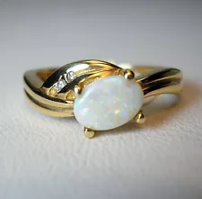 Natural Opal 7 x 5 mm Oval & 0.02ct Diamonds 14K Yellow Gold Ring Was $395 Video