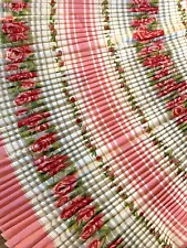 NEW Vintage 1940s 50s RED Kitchen APRON Pink Roses Accordion Pleated ~ NOS