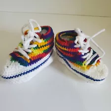 Infant Baby Walking Shoes Crochet Knit Striped Pattern Lace Up Yarn Footwear