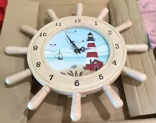 Vintage Ship Wheels Clock W/Lighthouse Picture Home Decor With Sound