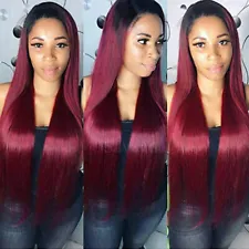 Long Silky Straight Ombre Burgundy Two Tone Hair Color Synthetic Lace Front Wigs