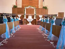 Wedding decor. Chair Bows, Pew Bows, Turquoise, White, Church Aisle decoration