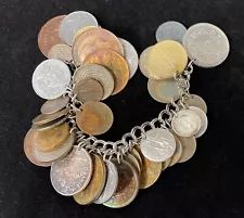 Vintage Sterling Silver Charm Bracelet, US & Foreign Coins