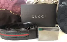 IOB Rare, Unisex GUCCI Belt: Silver LOGO Clasp, Brown with Signature RED&GREEN