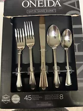 Stainless steel silverware set for 8, 45 pieces. Premium silver color with satin