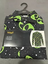 Spirit Halloween Medium ALIEN Button Up Dress Shirt Outer Space Emoji Polyester