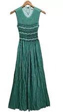 Loretta Caponi Italy- GREEN & WHITE SMOCKED MAXI SLEEVELESS POCKET DRESS XS