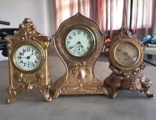 1890s Brass Desk Clocks Lot of Three FREE PRIORITY SHIPPING - NO RESERVE