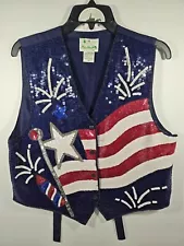 Quacker Factory Sequined American Flag Vest Med Patriotic 4th of July Fireworks