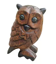 Hand Carved Wooden Owl Figurine Bird Statue Sculpture Rustic Wood Carving 5"