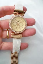 Accutime Watch Corp Rhinestone Accents Faux Pearl & Rose Gold Tone Band Watch