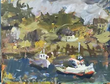 ROBERT JOYNER ORIGINAL MAINE Landscape Painting Collectible, Lobster Boats