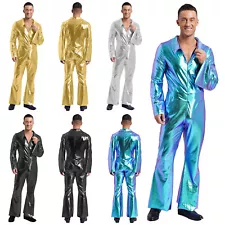 Mens 70s Disco Metallic Jumpsuit Front Zip Wide Leg Pants Rave Halloween Costume