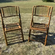 Set Of 2 Vintage Mid Century Folding Chair Bamboo Wooden Tiger Style Rattan Boho