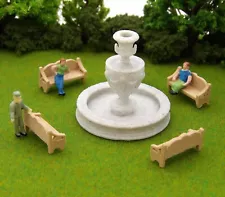 5 pc Roman Fountain Set - HO Scale Marble Fountain with 4 Wooden Benches