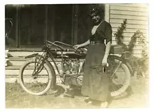 Antique INDIAN MOTORCYCLE Original 1917 Snapshot Photo of Lady Motocycle Rider