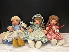 3 Rag Cloth Dolls Hand Crafted & Sewn Stitched faces 9” Yarn Hair