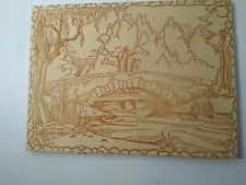 Unused Pyrography Art Wood Burning Woodland Stream Original Picture Stonebridge